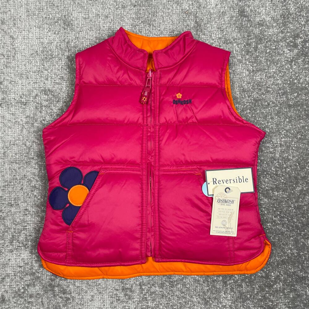 NWT Oshkosh Reversible Puffer Vest Girls 5 Pink Orange Quilted Full Zip Jacket